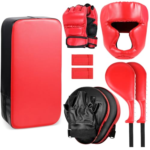 Gemscream 10 In1 Punching Mitts Kick Pad Set Taekwondo Pads Boxing Mitts Focus Pads Boxing Gloves Safety Head Guard Wrist Band for Kickboxing, Karate, Muay Thai, MMA Training (Red)