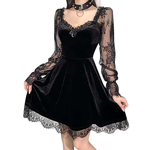 IKADEX Gothic Lolita Dress for Women Black Lace Dress Velvet Mini Dresses Goth Clothes for Teen Girls #A: Black S