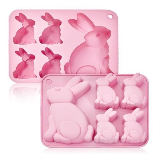 6” Bunny Chocolate Candy Molds, 2 Pack Easter Silicone Molds Small Bunny Baking Pan for Chocolates Candy Muffin Brownie & Mini Cakes Making, Rabbit Cake Mold Easter Baking Supplies