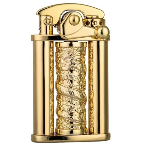 3D Carved Vintage Trench Kerosene Lighter, Rotating Dragon Column Lighter, Classic Soft Flame Rocker Arm Ignition, Reusable, Gift for Men(Gold)