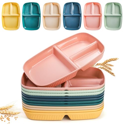 ZAVOOS 12 Pack Divided Plates, 10.5 Inch Reusable Wheat Straw Dinner Plates with 3 Compartments, Unbreakable Sectioned Food Tray for Balanced Meal, Portion Control, Microwave Dishwasher Safe