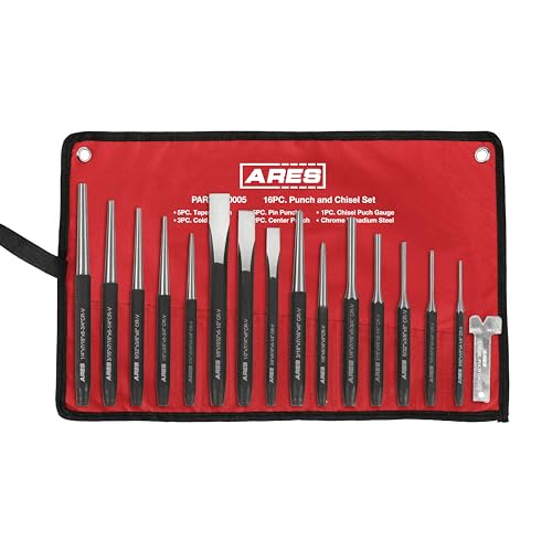 ARES 50005-16-Piece Punch and Chisel Set - Tapered, Pin, Center Punches & Cold Chisels for Various Applications