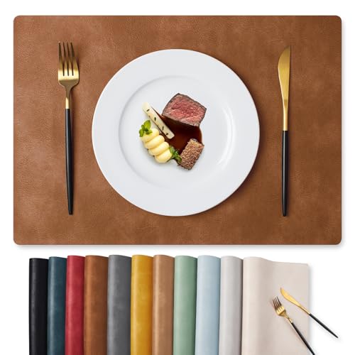 MOSAYT Vinyl Placemats Set of 6-12 X 17 Inch - Faux Leather 100% Waterproof Oil-Proof Wipeable PU Place Mats, Heat Resistant Reversible Table Mats for Kitchen, Dining, Outdoor (Reddish Brown)