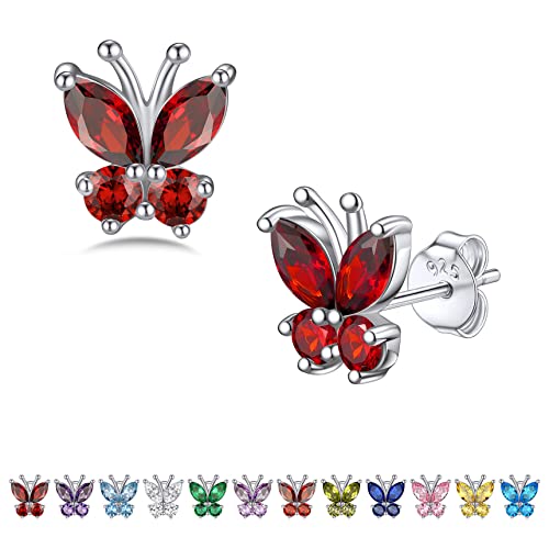 Bestyle Sterling Silver Butterfly Earrings Stud-Red Garnet Crystal January Birthstone Earring-Hypoallergenic Post Silver Stud-Small Cute Butterfly Gift for Women on Birthday