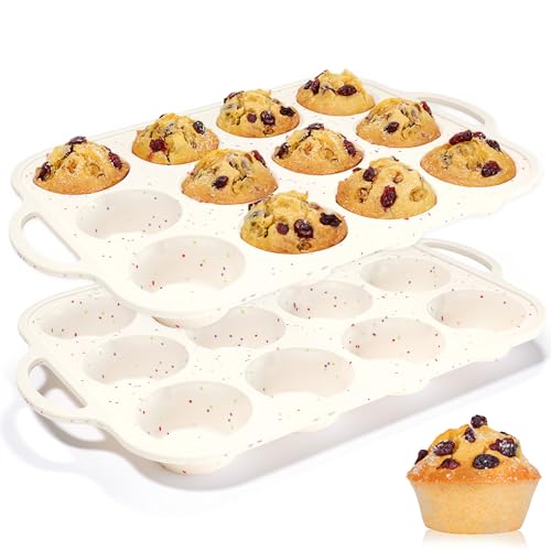 CAKETIME Silicone Muffin Pan, with Metal Reinforced Frame 2.8 Inch Regular Size Silicone Cupcake Pan Nonstick 12 Cups for Baking Homemade Muffins, Cupcakes, Egg Bites 2 Pack Dishwasher Safe BPA Free