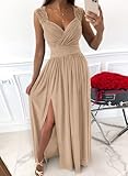 Dokotoo Womens Ladies Elegant Floor Length A Line Wrap Deep V Neck Backless Ruched Pleated Ruffled Split Long Maxi Formal Evening Party Prom Dress Bridesmaid Wedding Guest Dresses for Women Apricot M