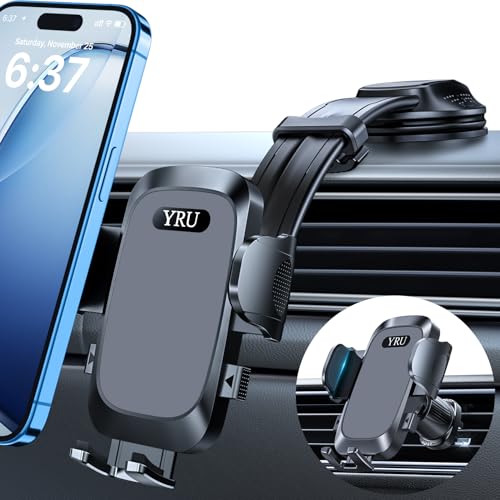 YRU [2025 Ultimate Car Phone Holder Mount [Bendable & Adjustable Aluminum Arm] Cell Phone Holder for Car Dashboard Windshield Phone Stand for iPhone16 15 14 13 Pro Max Samsung Pickup Truck,Dark Silver