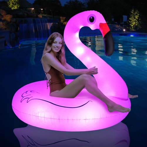 FlyfreeU Flamingo Inflatable Pool Floats with Lights, Solar Powered Flamingo Pool Floats for Adults, 42 Inch Pool Float Lake Beach Floaty, Swimming Pool Float Raft Lounge for Adults Party Water Fun