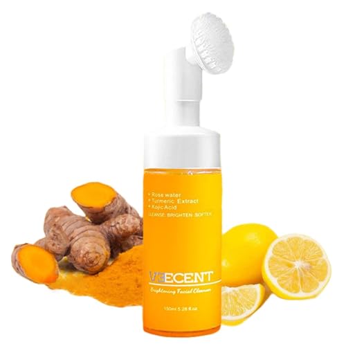 VEECENT Turmeric, Kojic Acid Brightening and Whitening Foaming Facial Cleanser,Reduce Dark Spot, Silicone Brush Cleansing Skincare Hydrating Facial Cleansing for All Skin