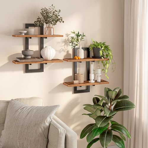 HOOBRO Floating Shelves, 15 Inch Wall Shelf Set of 2, Wall Mounted Storage Shelves 2-Tier, Hanging Bathroom Shelves, for Living Room, Bedroom, Bathroom, Kitchen, Rustic Brown and Black BF32BJ01
