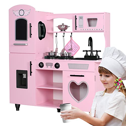 TaoHFE Kitchen Set for Kids Wooden Play Kitchen Toy Sets for Girls Gift Pink Kitchen for Toddlers Kitchen Playset Toys for Kids Age 3+ Pretend Play with Lights & Sounds (Pink)