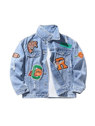 WDIRARA Boy's Cartoon Embroidery Ripped Denim Jacket Button Down Outerwear Coat Light Blue 10Y