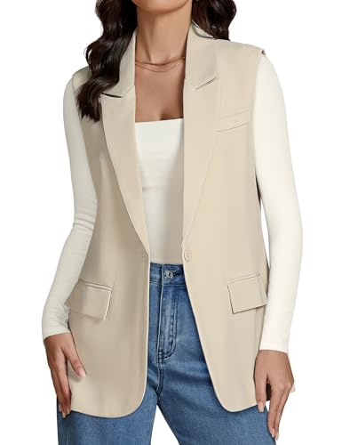 luvamia Sleeveless Dressy Vest for Women Jacket Blazer Vest Top for Women Dress Suits for Women Beige Blazer Casual Chalecos De Mujer De Vestir Size Medium Size 8 10