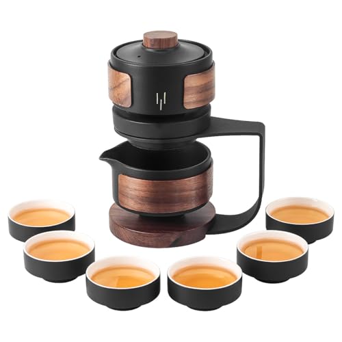 Kung Fu Tea Sets Chinese Gongfu Ceramic Tea Set Rotating Semi Automatic Kung Fu Teacups Set Porcelain Tea Pot 6 Cups Gong Fu Teapot Set Kungfu Teapot Cups Set for Men Women Tea Lovers Home Office