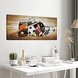 RnnJoile Sports Canvas Wall Art Man Cave Room Decor Football Baseball Golf Poster Prints on Wood Background Sports Equipment Picture for Men's Boys Bedroom Framed 20"x48"