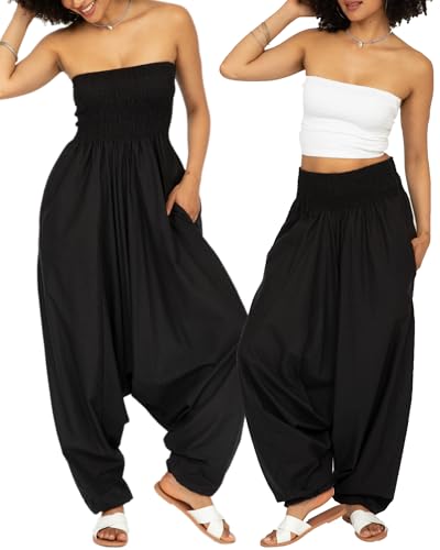 likemary Jumpsuits for Women - Convertible Rompers into Harem Pants - One Size Cotton Jumpers - Maxi Length Outfit & Pockets - Comfortable Strapless Black Jumpsuit for Women