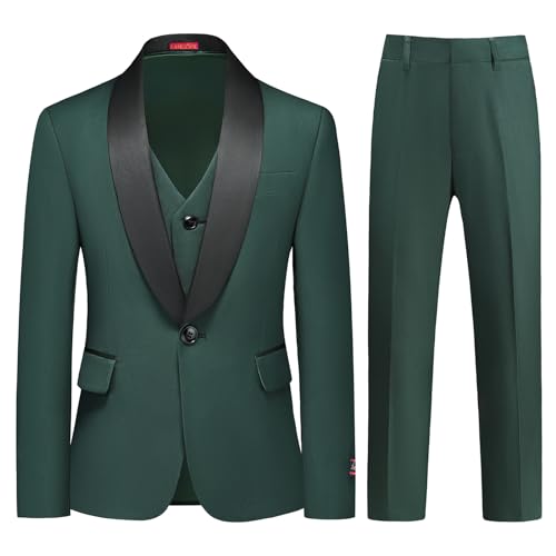 Lamgool Boys Slim Fit Suits 3 Pieces Tuxedo Set Size 14 with Green Jacket Vest Pant for Kids Prom Wedding Formal Outfit