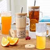 24oz Glass Cups with Lids and Straws - Tumbler glass cup with bamboo lids and straw 4 pack