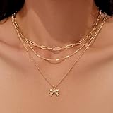 Gold Layered Necklaces for Women,14k Gold Plated Dainty Stackable Choker Necklaces for Women,Trendy Layering Small Thin Bow Paperclip Chain Pendant Necklace Set Jewelry Gifts for Women