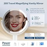 MIYADIVA Lighted Makeup Mirror, 20X Magnifying Mirror with Light and Adjustable Brightness, Vanity Mirror with 3 Color Light, 2-Sided Mirror for Desk, Detachable Travel Makeup Mirror with Light 8.8IN