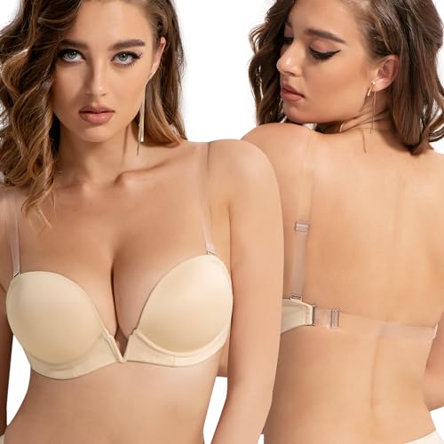 Amafuur Women's Deep V Plunge Padded Push Up Bras with Clear Straps Backless Convertible Low Cut Underwire Bra Nude 36B