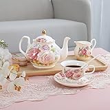 fanquare European Porcelain Coffee Set, Pink Women Tea Set, Bone China Tea Set, Vintage Floral Coffee Tea Pot with Cups