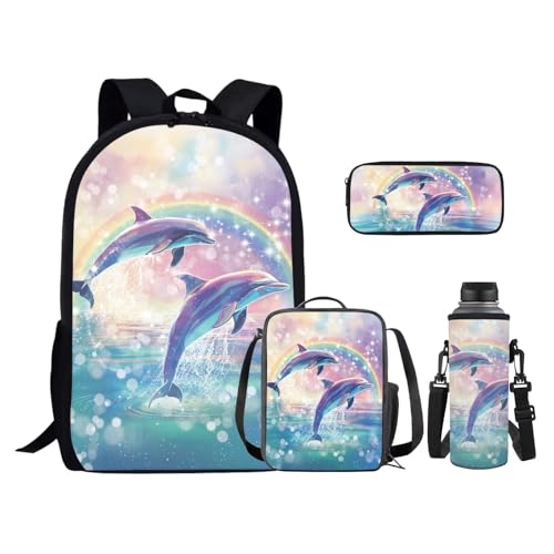 Uppodwarkid Rainbow Dolphin Backpack for Girls Kids School Backpack Set with Lunch Box Pencil Case Water Bottle Holder Trendy Backpack 4 in 1 Set for Elementary Middle School Students Gifts