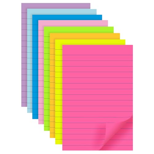 (8 Pads) Lined Sticky Notes 4x6 in Post, 8 Colors Self Sticky Notes Pad Its, Bright Post Stickies Colorful Big Rectangular Sticky Notes for Office, Home, School, Meeting, 40 Sheets/pad