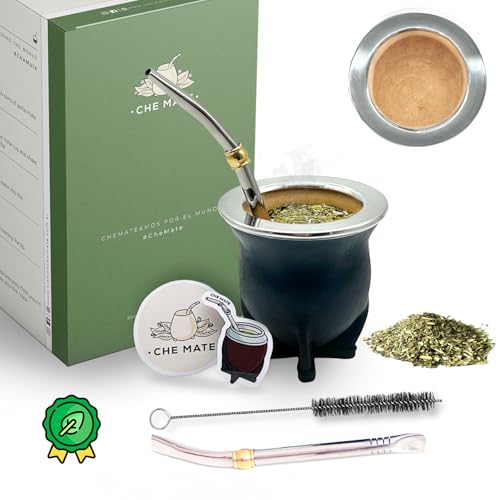 Premium Argentina-Uruguay Yerba Mate Cup and Bombilla Set, Organic Gourd Tea Mug with Steel Straw (Bombilla) and Cleaning Brush, Handcrafted for Loose Leaf Yerba Mate Tea - Camionero Version