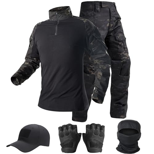 SANYETS Tactical Suit,Combat Pants and Shirt,Cap Gloves Balaclava Set,Black Camouflage Uniform Men's Airsoft Gear