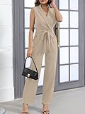 Women's Elegant Jumpsuits V Neck Sleeveless Straight Belted Long Pants Business Suits Set with Pockets Khaki XL