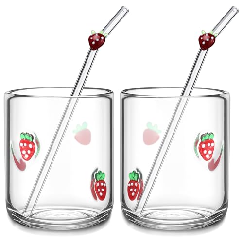Skylety 2 Set Strawberry Icon Juice Glass Cups - Icon Glass Cup with 2 Straw 14 oz Double Old Fashioned Cute Pattern Glassware for Tea, Water, Milk, Coffee, Parties Gifts