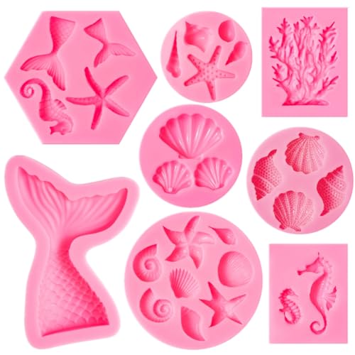 Elfkitwang Marine Theme Fondant Silicone Mold,Seashell,conch, Mermaid Tail,Seahorse,starfish,coral, DIY Handmade Baking Tools for Mermaid Theme Cake Decoration