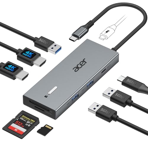 Acer USB C Docking Station Dual Monitor With 2 HDMI, 9-IN-1 Laptop Docking Station with 4K HDMI, USB A&C 3.0, SD/Micro SD, 100W PD Charging, USB C Dock Compatible with Acer/Dell XPS/HP/Mac/Surface etc
