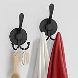 Suction Cup Hooks, Vacuum Power Heavy Duty Shower Hooks for Inside Shower, No Drill Towel Hooks for Bathroom Wall, Kitchen, Glass, Mirror, Tile to Hang Towels, Robes, Loofah, Black (2 Pack)