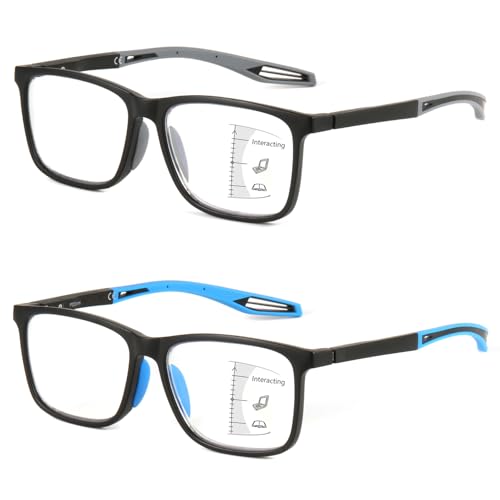 Missfive 2 Pack Upgraded Unbreakable Multifocus Progressive Reading Glasses Men Women - Sports Style TR90 Anti UV/Eyestrain/Blue, Light Multifocal Readers Spring Hinge Near-Workspace Eyewear 2.5x