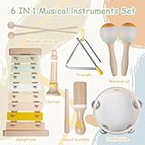 Baby Musical Instruments-Montessori Wooden Toys for Toddlers 1-3,Neutral Colors Percussion Instruments Set with Modern Boho Xylophone for Kids Preschool Educational 3+