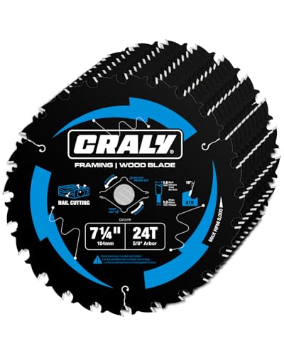 CRALY 7-1/4 Inch 24 Teeth Wood Cutting Framing Circular Saw Blade, 5/8 Inch Arbor, Carbide Tipped, Thin Kerf, Black Ice™ Coating, for Plywood, MDF, OSB, Laminated, 10-Pack(C0724FR-10)