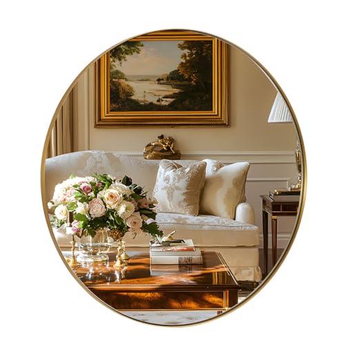 ANDY STAR Round Gold Mirror, 30'' Brass Mirror with Brushed Gold Frame, Wall Mounted Stainless Steel Metal Frame Round Mirror for Bathroom, Living Room, Bedroom