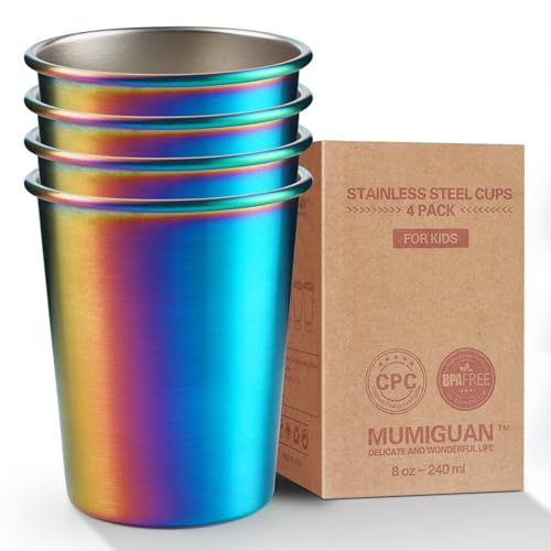 Stainless Steel Cups for Kids 8oz/240ml (4 Pack), Children's Rainbow Electroplating Cups, Camping Stainless Steel Cups, Stackable Metal Drinking Glasses, Toddler Stainless Steel Tumbler, BPA Free