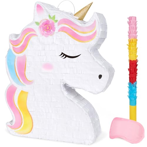 WERNNSAI Unicorn Piñata - Unicorn Party Supplies Piñata Bundle with Blindfold and Bat for Girls Kids Rainbow Unicorn Theme Birthday Party Game Decorations (15.7" x 12.2" x 3.1")