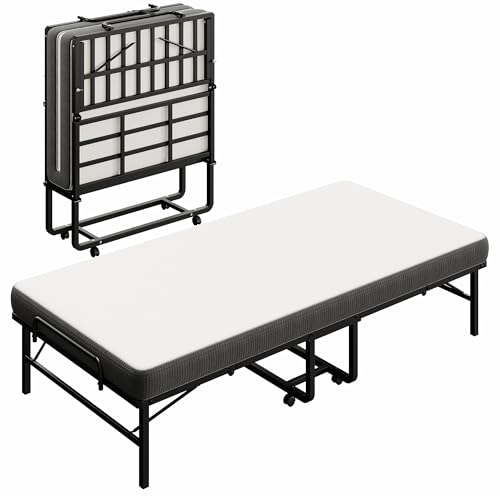 LKIMIO Folding Bed, 75" x 38" Portable Roll Away Foldable Beds with Mattresses for Adults, Sturdy Metal Frame, Space Saving Fold Up for Easy Storage, Twin