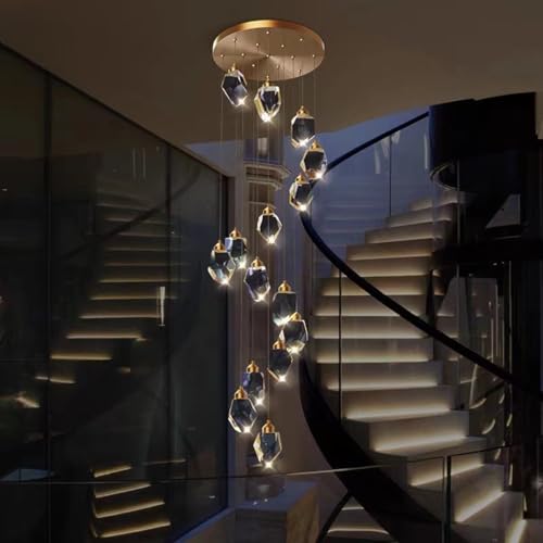 NIEH C Villa Duplex Staircase Crystal Large Chandelier Luxury Hotel Lobby Hollow Long Hanging Light Indoor LED Tricolor Light Ceiling Lighting Fixture(Size:15 Heads)