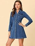 Allegra K Women's Denim Dress Button Down Collar V Neck Long Sleeve A-line Cotton Jean Dress Medium Blue