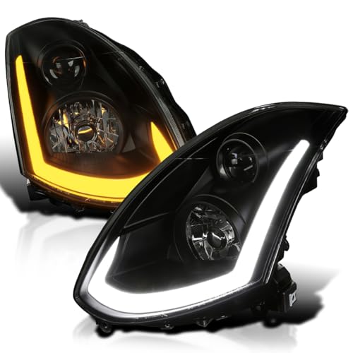 Spec-D Tuning Black Smoke Projector Headlights w/Sequential LED Strip Compatible with 2003-2007 Infiniti G35 Coupe, Left + Right Pair Headlamps Assembly