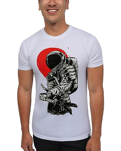 INTO THE AM Astro Samurai Graphic Tee for Men - Short Sleeve Design T-Shirts (White, Large)