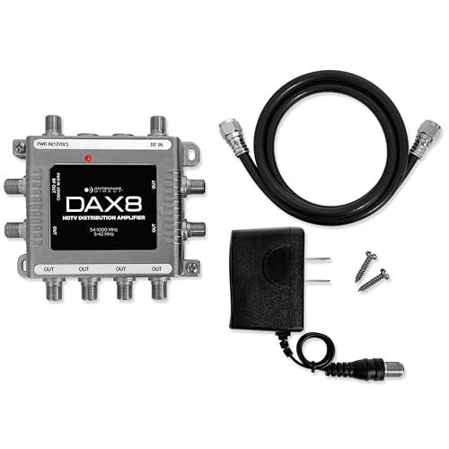 Antennas Direct DAX 8-Output TV Antenna Distribution Amplifier, Output to 8 Televisions, CATV Systems, 4K 8K Ready – w/Power Supply, Coaxial Cable (Silver)