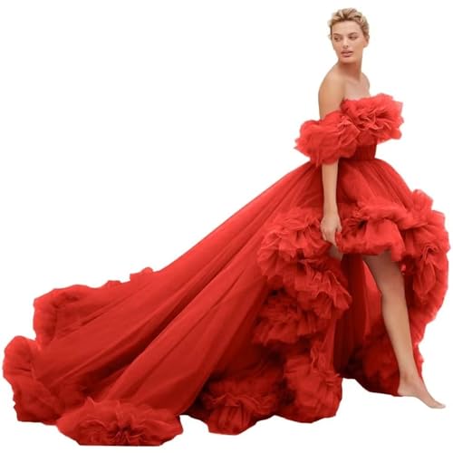 Off Shoulder Puffy Tulle Wedding Dress A Line Hi-Lo Prom Evening Formal Party Dress with Tail Red