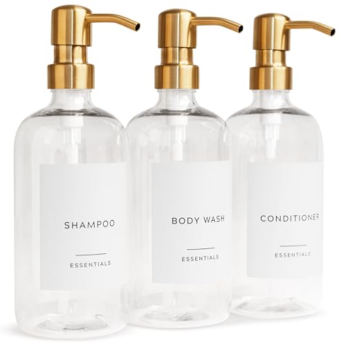 Stylish Shampoo and Conditioner Dispenser Set of 3 - Modern 21oz Shower Soap Bottles with Pump and Labels - Easy to Refill Body Wash Dispensers for an Instant Bathroom Decor Upgrade Clear