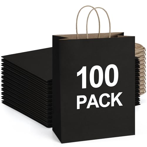 BagDream 100Pack 10x5x13 Black Paper Bags with Handles Bulk Kraft Shopping Bags, Recycled Paper Bags for Gifts, Merchandise, Retail, Party Favor Bags Gift Bags